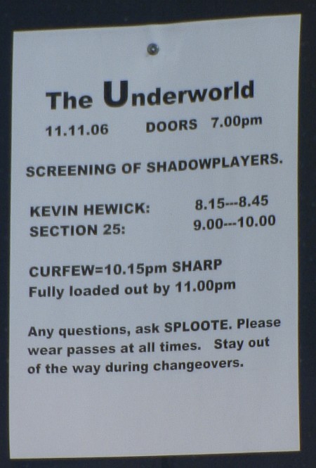 Section 25 - Live at The Underworld, Camden, Saturday 11 November 2006; running order