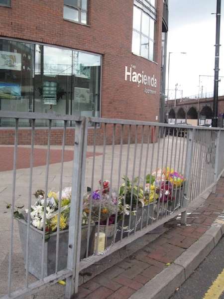 Flowers for Tony Wilson outside the Hacienda Apartments, Manchester