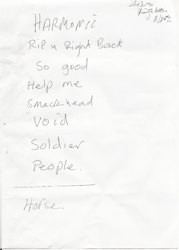 Twenty Four Hours > Live at The Kings Arms Salford, Sunday 11 December 2005; Jez Kerr's handwritten setlist (courtesy SMCACR)