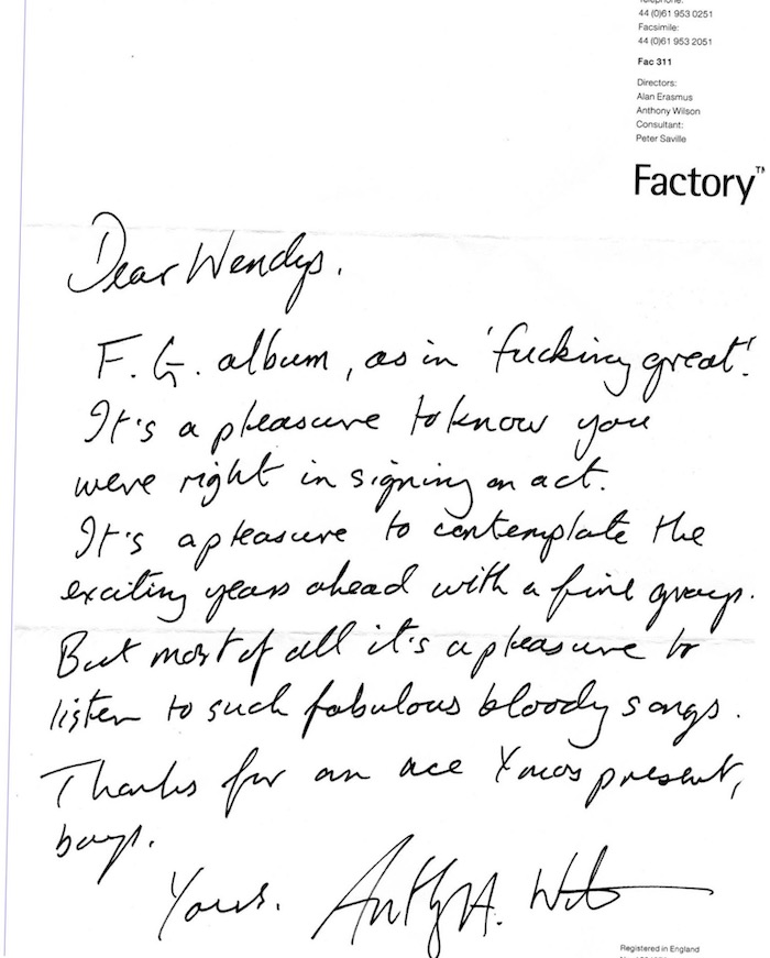 Fac 311 stationery - letter from Anthony H Wilson to The Wendys about the release of Gobbledygook