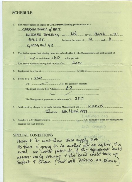 Contract for X-O-Dus to play Glasgow School of Art on 6 March 1981. Notes include 