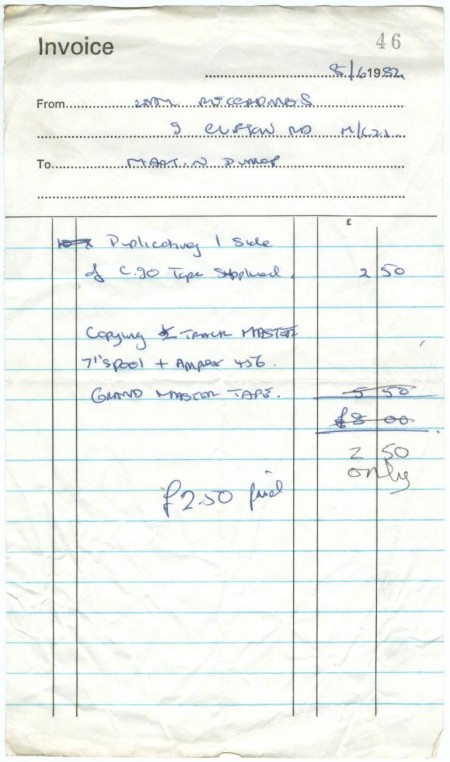 Invoice 8 June 1982 for duplicating 1 side of C30 cassette tape and copying master tape.