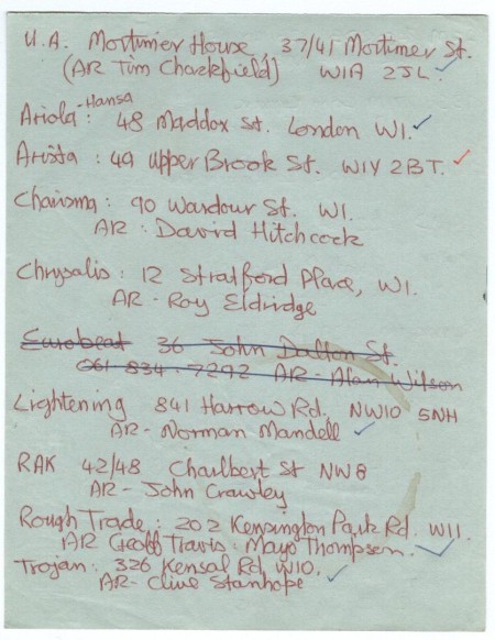 undated list of major record labels (for the purposes of sending out demos) [2 of 2]