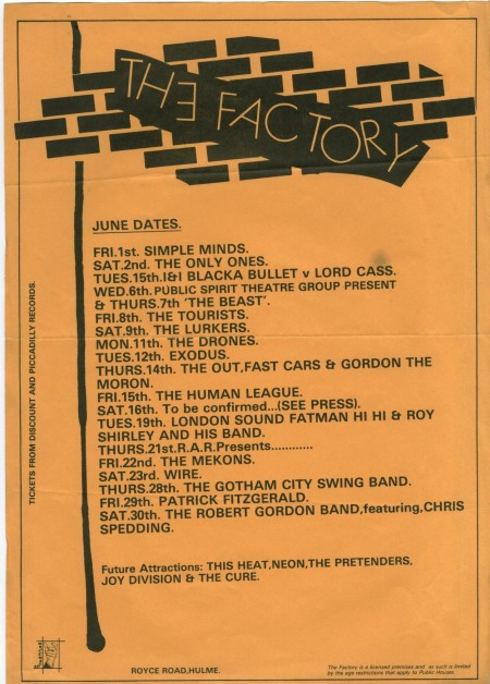 X-O-Dus: Flyer for The Factory from 1979 featuring Exodus on Tue 12 June (other artists appearing in June 79 include Simple Minds, The Only Ones, The Tourists, The Human League, The Mekons and Wire).